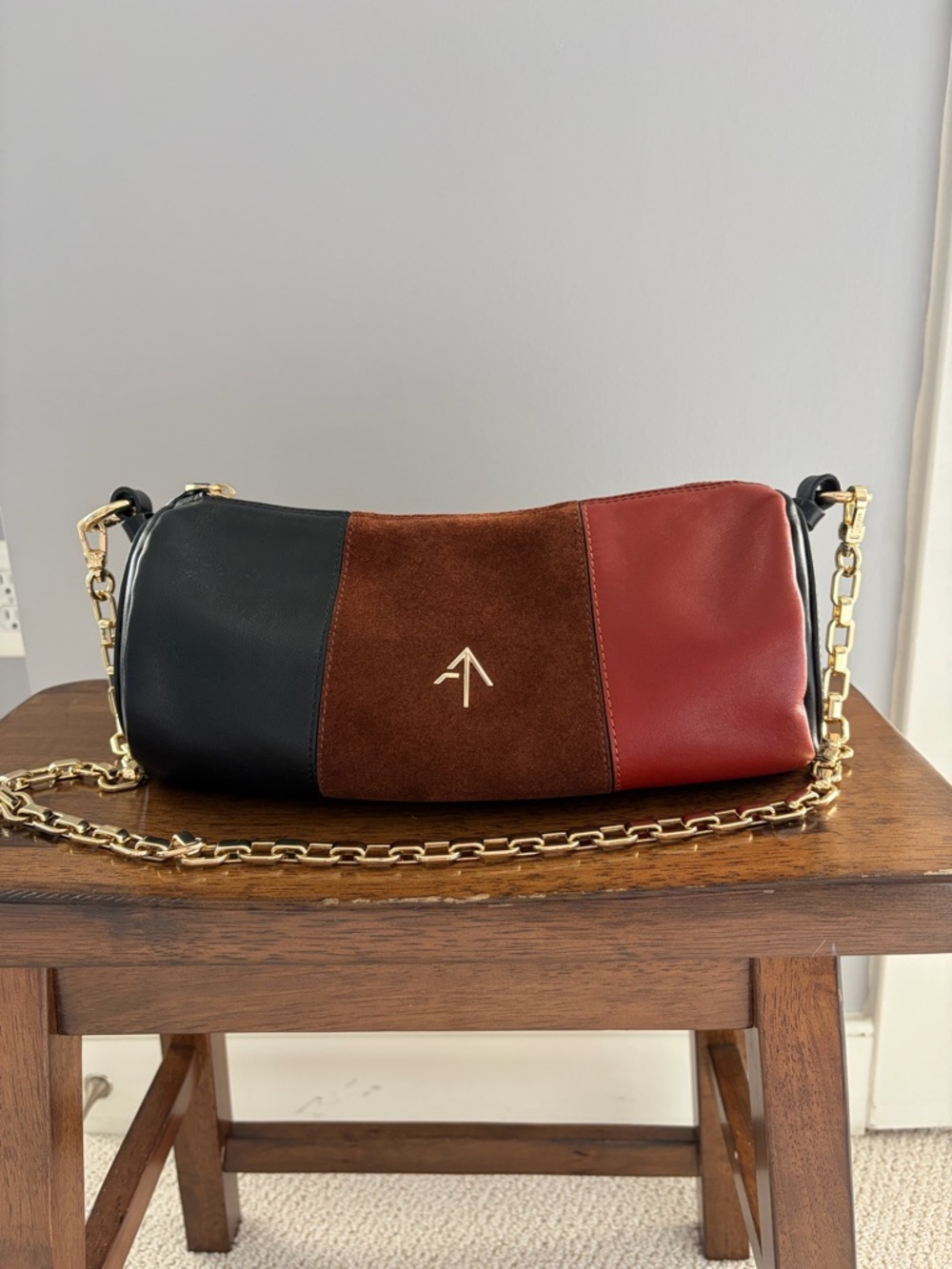Manu Atelier Cylinder Bag Colorblock Black Brown Suede Burgundy Gold Chain